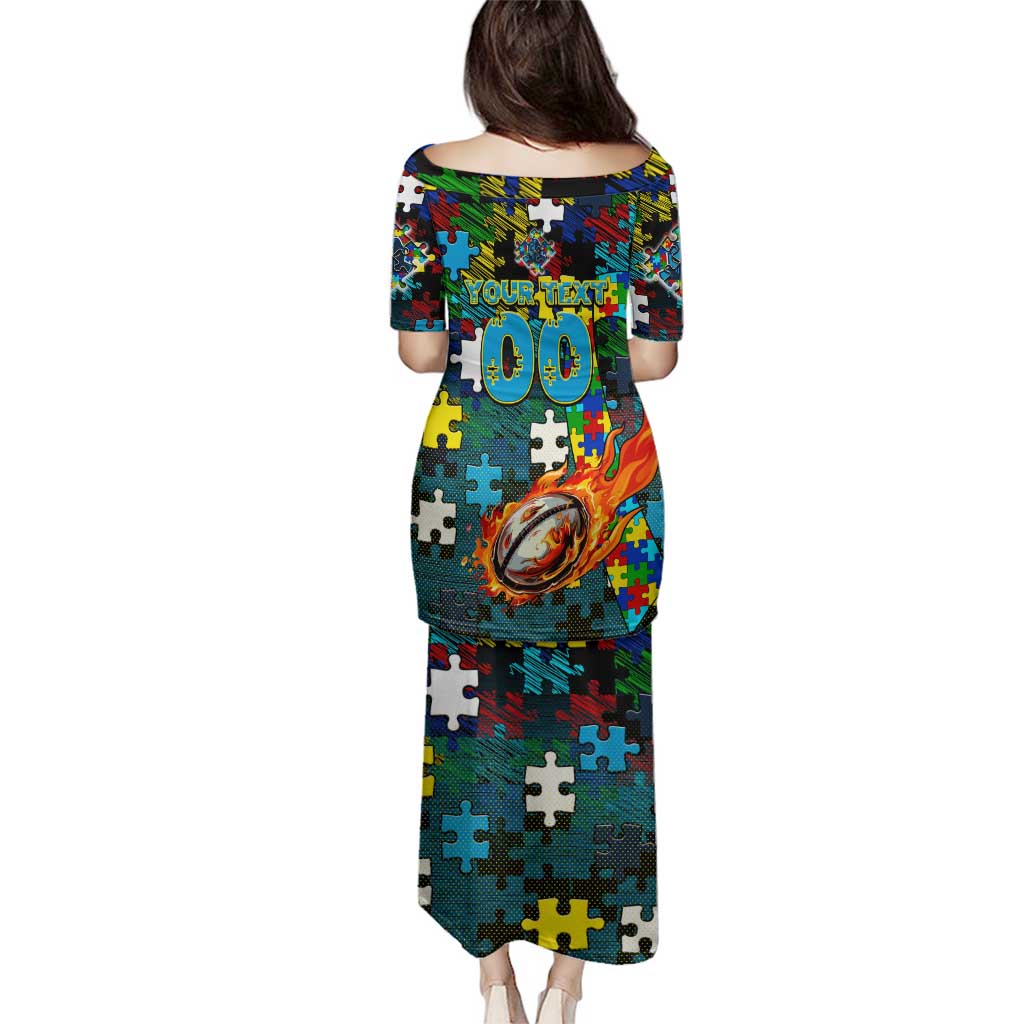 Titans Autism Awareness Family Matching Puletasi and Hawaiian Shirt Puzzle Flames Rugby Ball