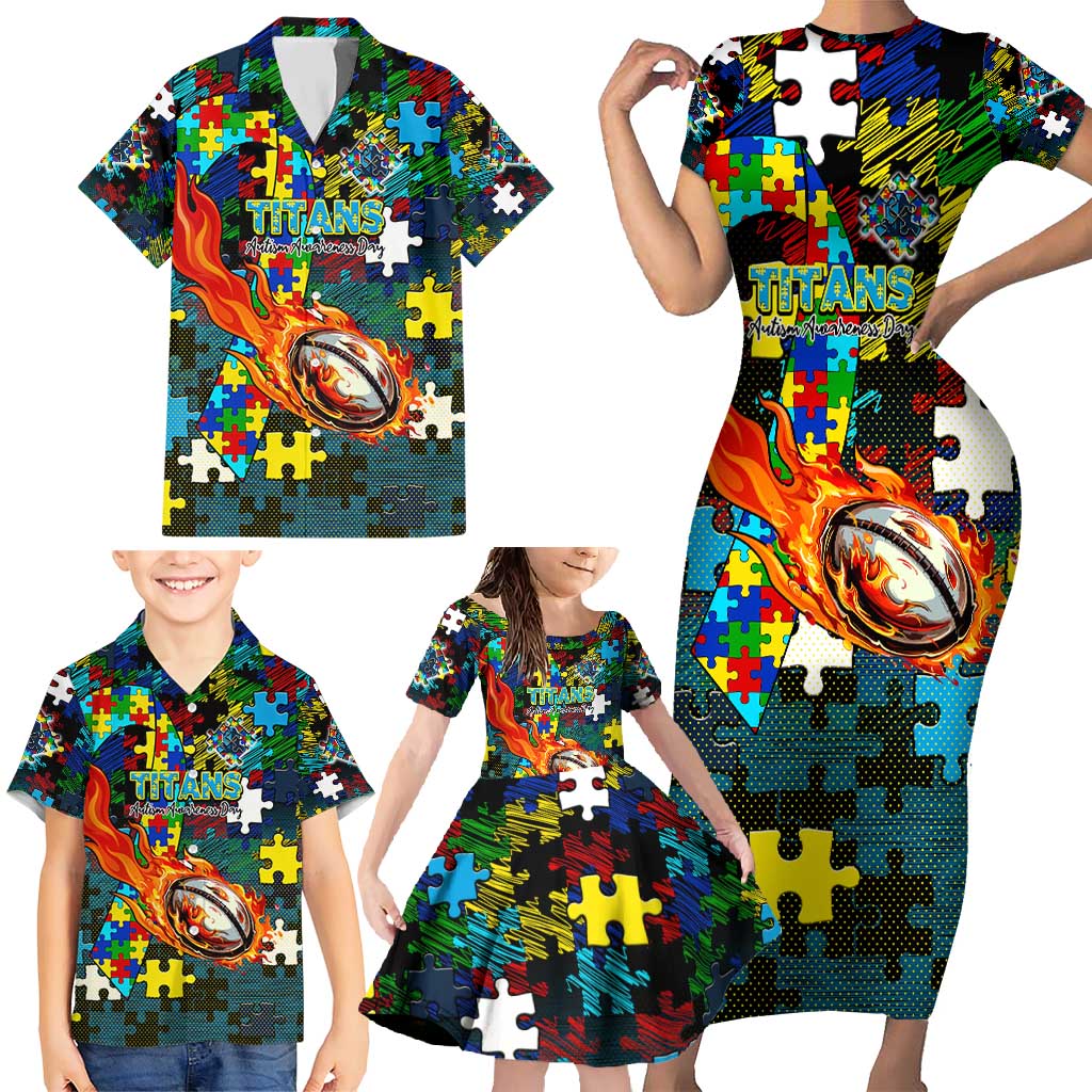 Titans Autism Awareness Family Matching Short Sleeve Bodycon Dress and Hawaiian Shirt Puzzle Flames Rugby Ball
