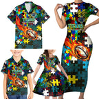 Titans Autism Awareness Family Matching Short Sleeve Bodycon Dress and Hawaiian Shirt Puzzle Flames Rugby Ball