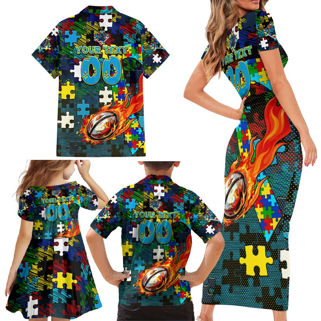 Titans Autism Awareness Family Matching Short Sleeve Bodycon Dress and Hawaiian Shirt Puzzle Flames Rugby Ball