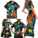 Titans Autism Awareness Family Matching Short Sleeve Bodycon Dress and Hawaiian Shirt Puzzle Flames Rugby Ball
