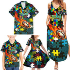Titans Autism Awareness Family Matching Summer Maxi Dress and Hawaiian Shirt Puzzle Flames Rugby Ball