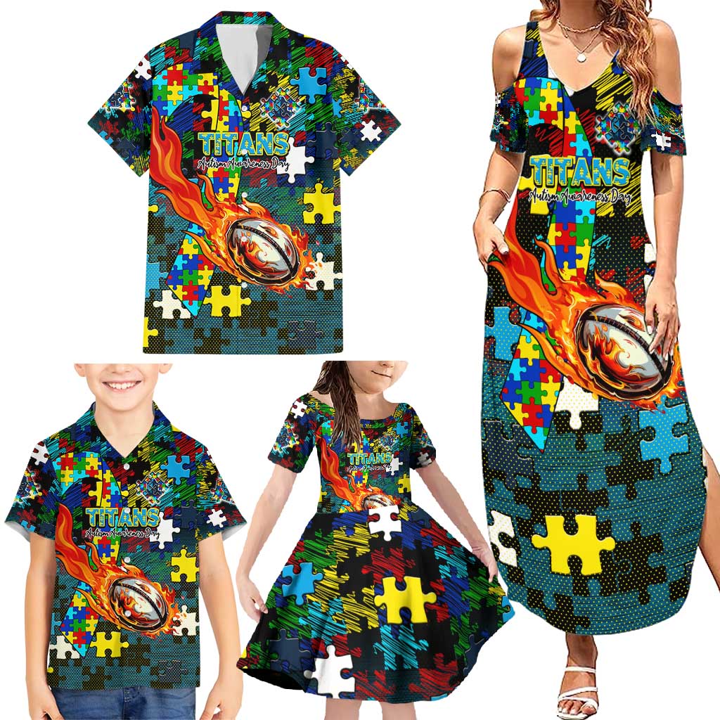 Titans Autism Awareness Family Matching Summer Maxi Dress and Hawaiian Shirt Puzzle Flames Rugby Ball
