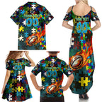 Titans Autism Awareness Family Matching Summer Maxi Dress and Hawaiian Shirt Puzzle Flames Rugby Ball