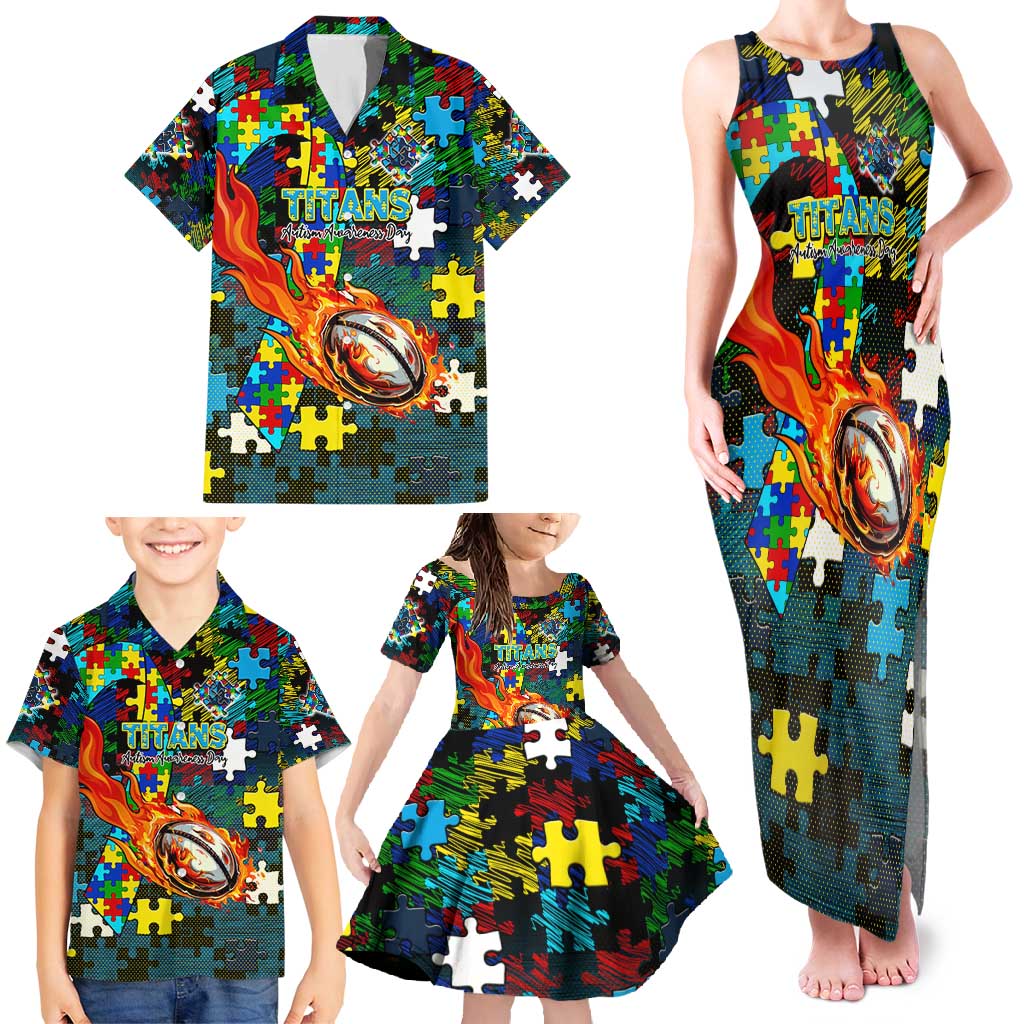 Titans Autism Awareness Family Matching Tank Maxi Dress and Hawaiian Shirt Puzzle Flames Rugby Ball