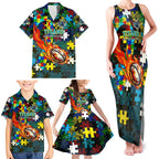 Titans Autism Awareness Family Matching Tank Maxi Dress and Hawaiian Shirt Puzzle Flames Rugby Ball