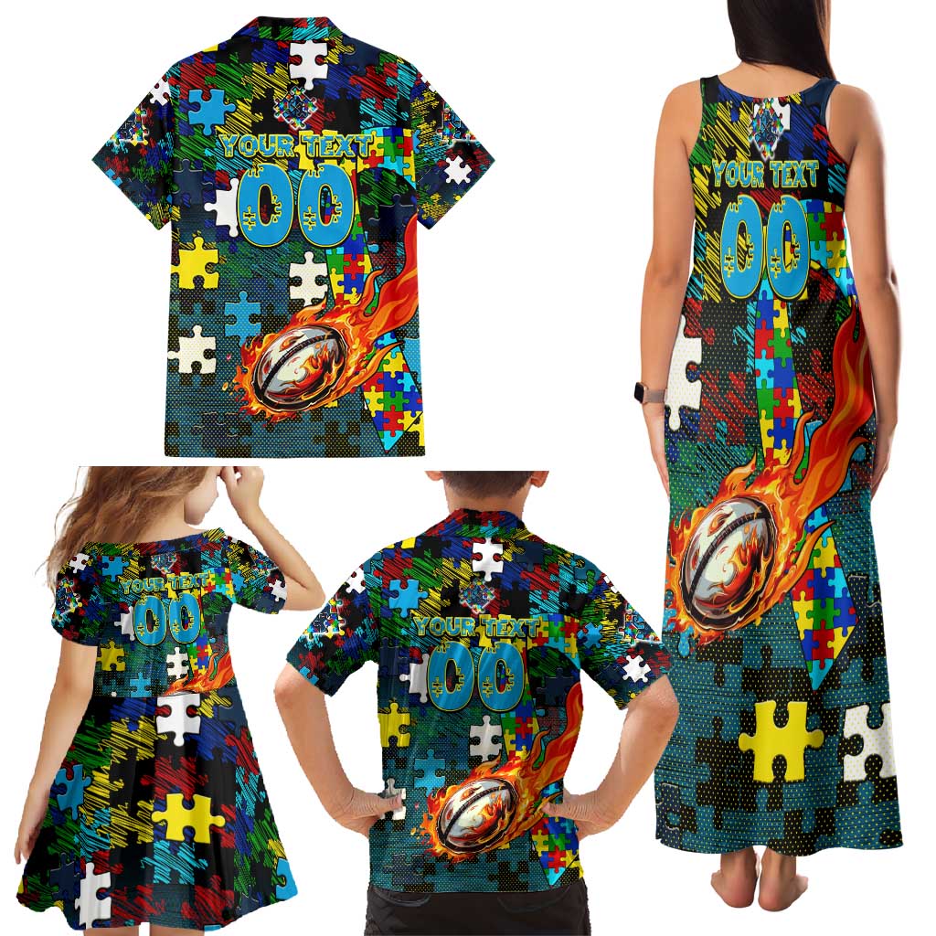 Titans Autism Awareness Family Matching Tank Maxi Dress and Hawaiian Shirt Puzzle Flames Rugby Ball