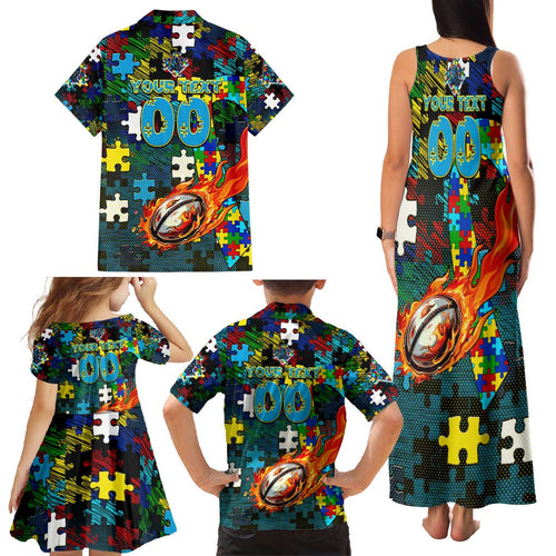 Titans Autism Awareness Family Matching Tank Maxi Dress and Hawaiian Shirt Puzzle Flames Rugby Ball