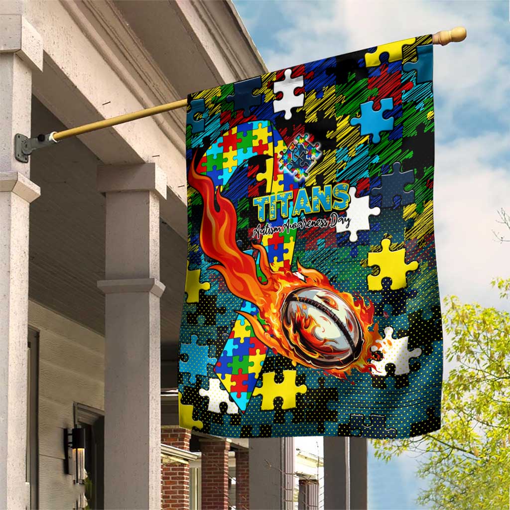 Titans Autism Awareness Garden Flag Puzzle Flames Rugby Ball