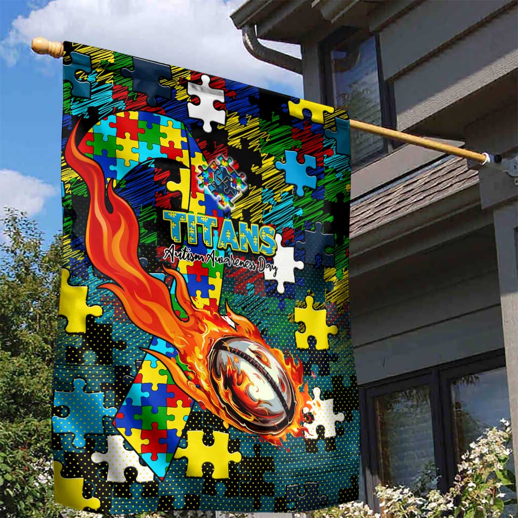 Titans Autism Awareness Garden Flag Puzzle Flames Rugby Ball