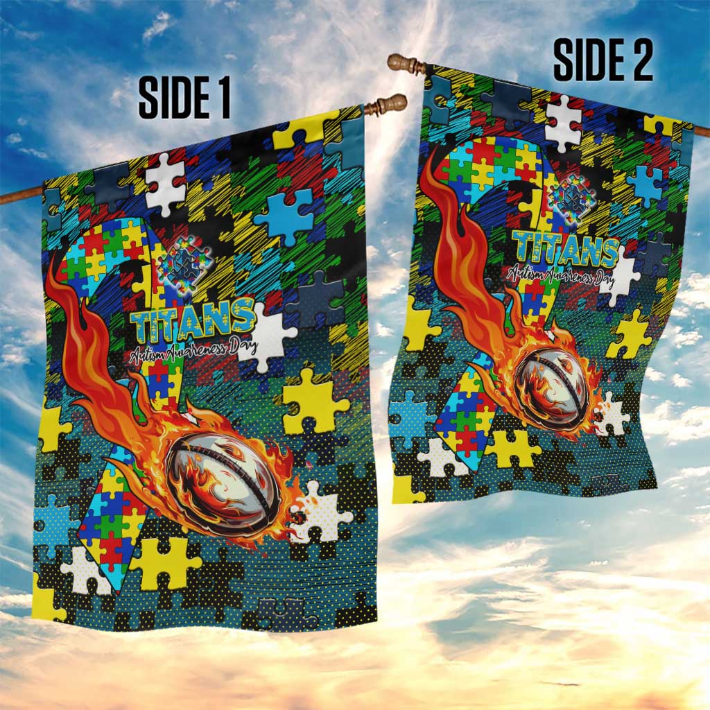 Titans Autism Awareness Garden Flag Puzzle Flames Rugby Ball