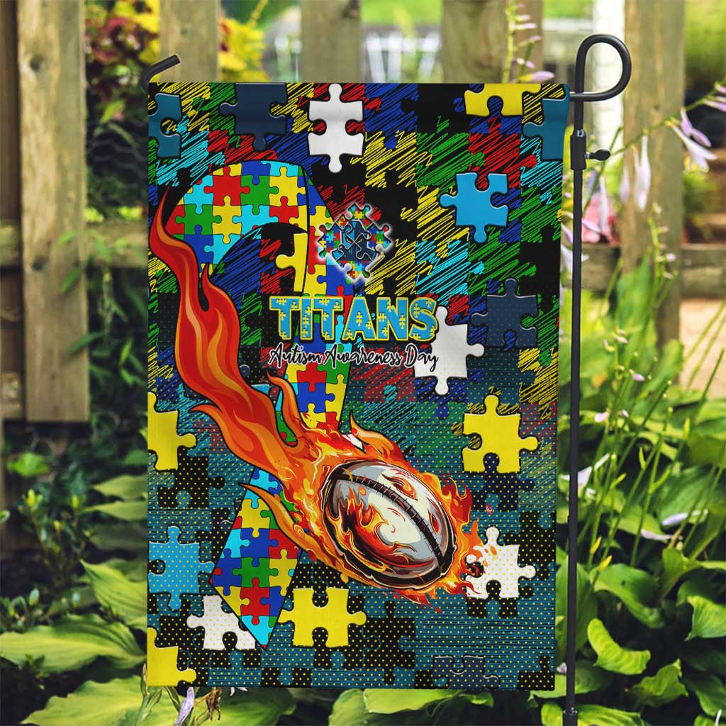 Titans Autism Awareness Garden Flag Puzzle Flames Rugby Ball