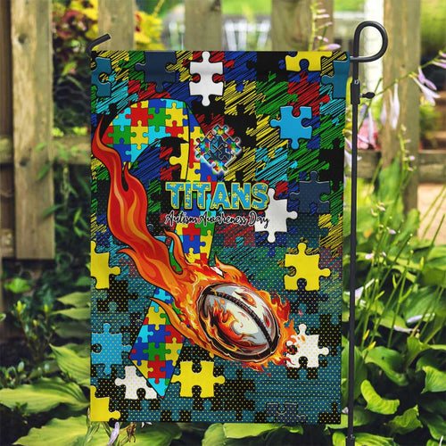 Titans Autism Awareness Garden Flag Puzzle Flames Rugby Ball