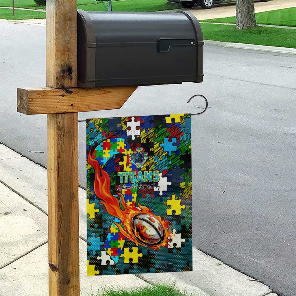 Titans Autism Awareness Garden Flag Puzzle Flames Rugby Ball