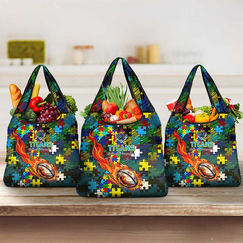 Titans Autism Awareness Grocery Bag Puzzle Flames Rugby Ball
