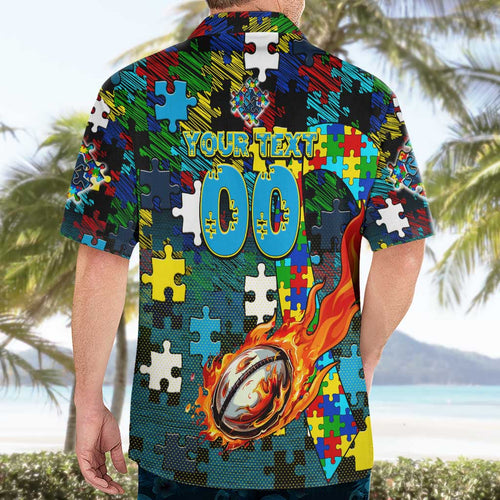 Titans Autism Awareness Hawaiian Shirt Puzzle Flames Rugby Ball