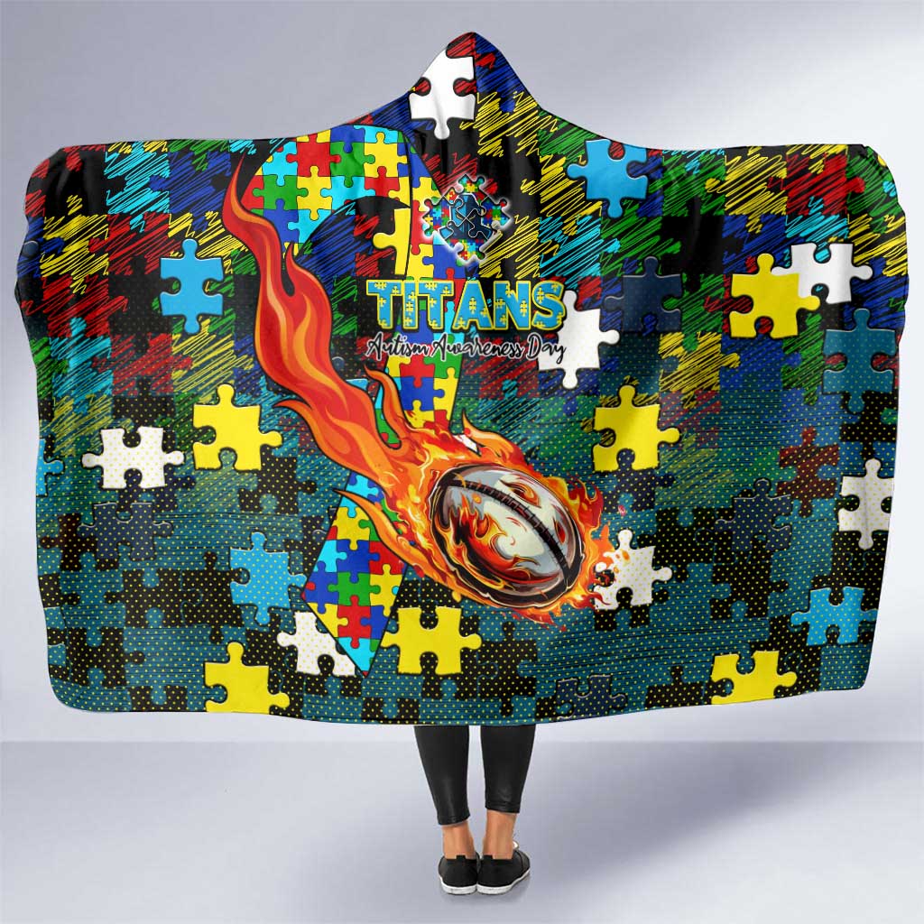Titans Autism Awareness Hooded Blanket Puzzle Flames Rugby Ball