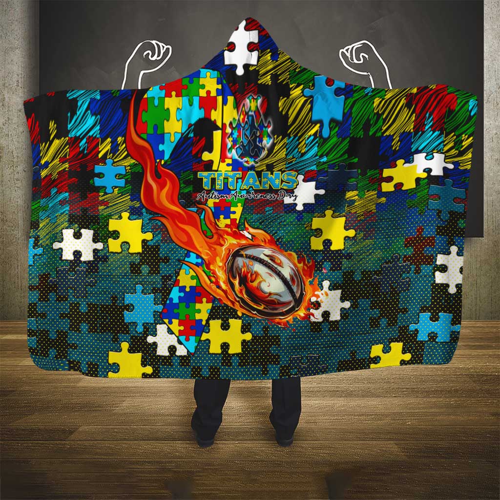 Titans Autism Awareness Hooded Blanket Puzzle Flames Rugby Ball