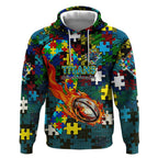 Titans Autism Awareness Hoodie Puzzle Flames Rugby Ball