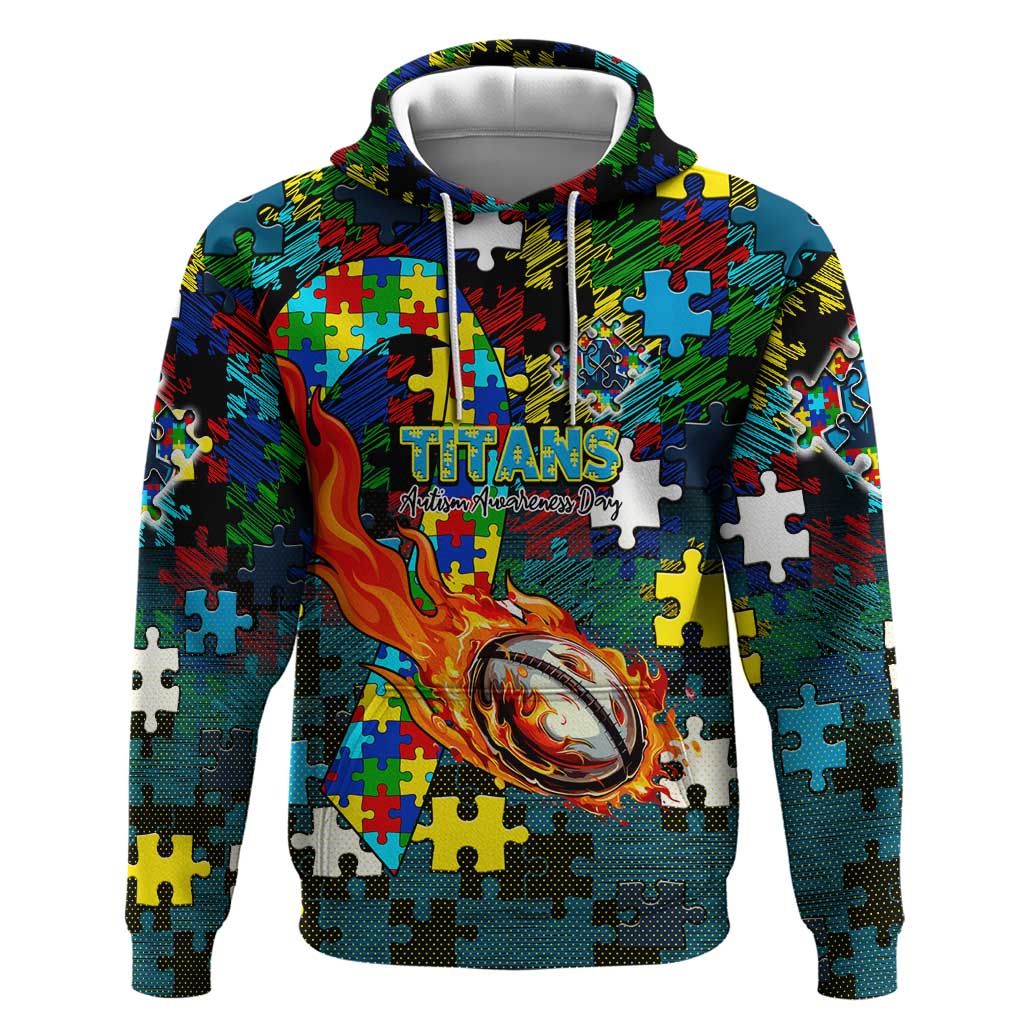 Titans Autism Awareness Hoodie Puzzle Flames Rugby Ball