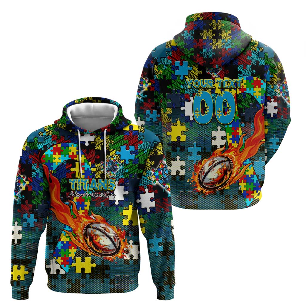 Titans Autism Awareness Hoodie Puzzle Flames Rugby Ball