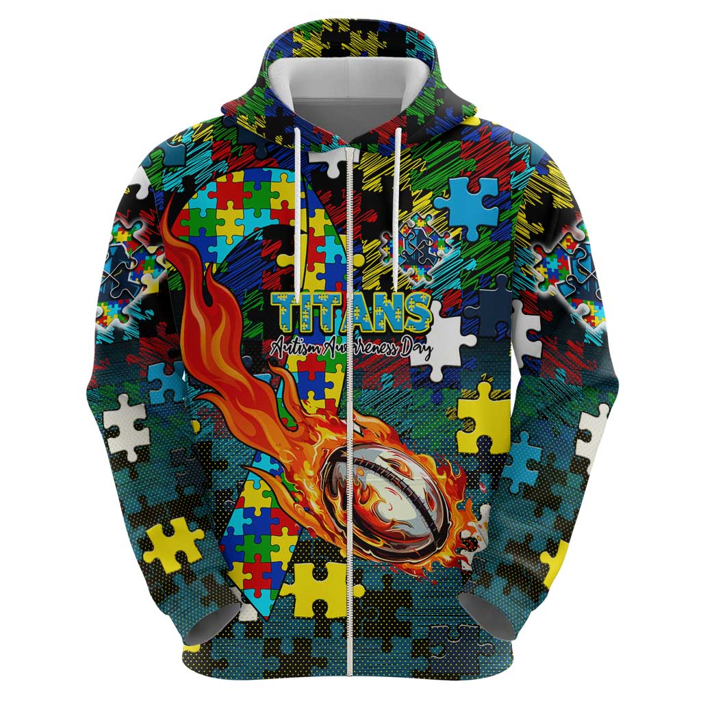 Titans Autism Awareness Hoodie Puzzle Flames Rugby Ball