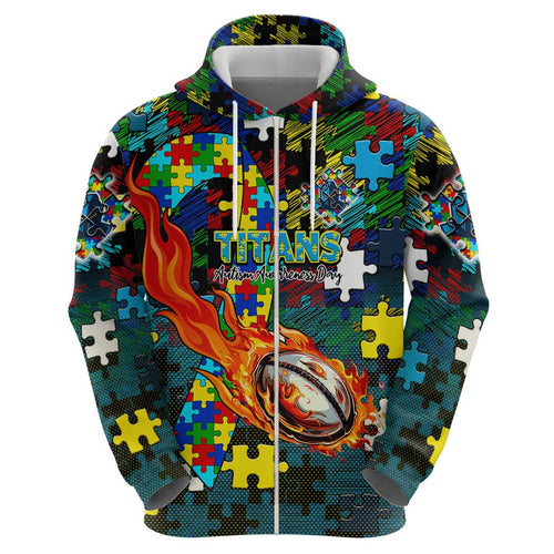 Titans Autism Awareness Hoodie Puzzle Flames Rugby Ball