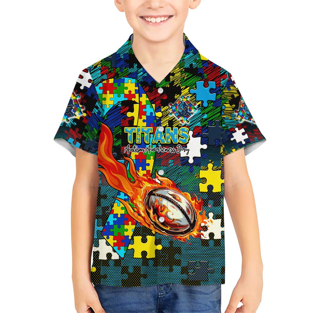 Titans Autism Awareness Kid Hawaiian Shirt Puzzle Flames Rugby Ball