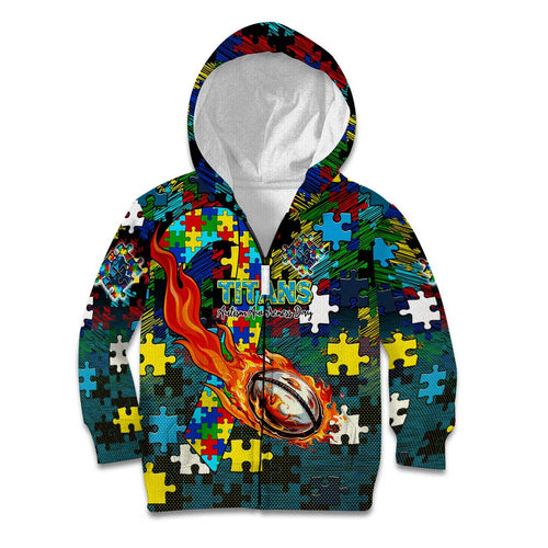 Titans Autism Awareness Kid Hoodie Puzzle Flames Rugby Ball