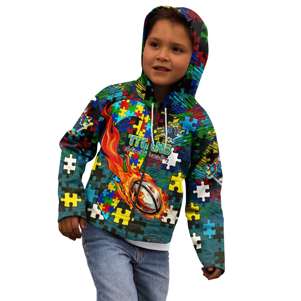 Titans Autism Awareness Kid Hoodie Puzzle Flames Rugby Ball