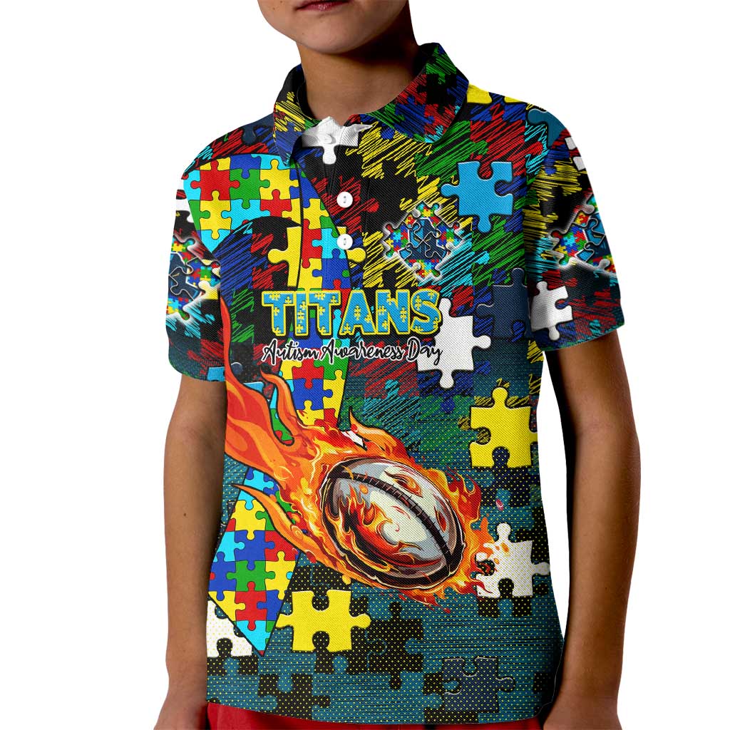 Titans Autism Awareness Kid Polo Shirt Puzzle Flames Rugby Ball