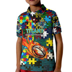 Titans Autism Awareness Kid Polo Shirt Puzzle Flames Rugby Ball