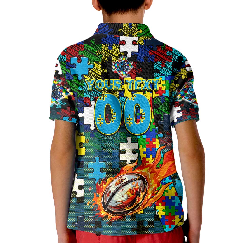 Titans Autism Awareness Kid Polo Shirt Puzzle Flames Rugby Ball