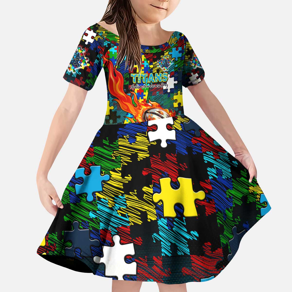 Titans Autism Awareness Kid Short Sleeve Dress Puzzle Flames Rugby Ball