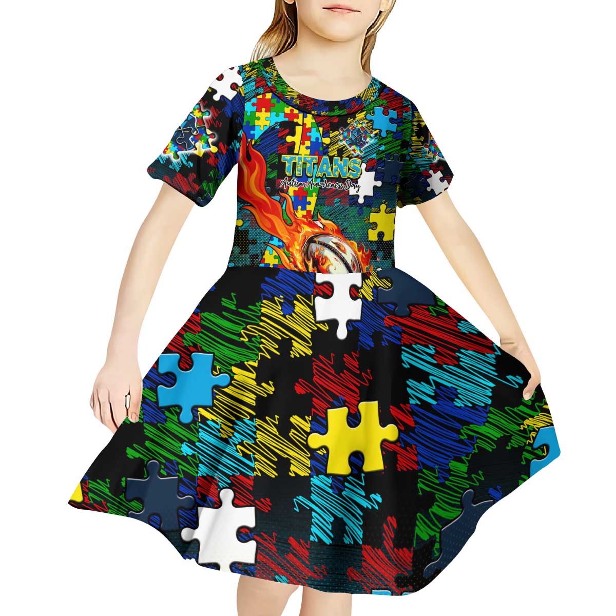 Titans Autism Awareness Kid Short Sleeve Dress Puzzle Flames Rugby Ball