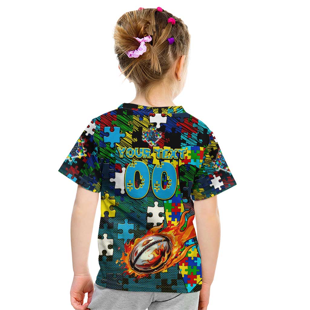 Titans Autism Awareness Kid T Shirt Puzzle Flames Rugby Ball