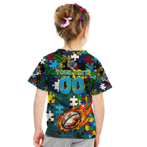 Titans Autism Awareness Kid T Shirt Puzzle Flames Rugby Ball