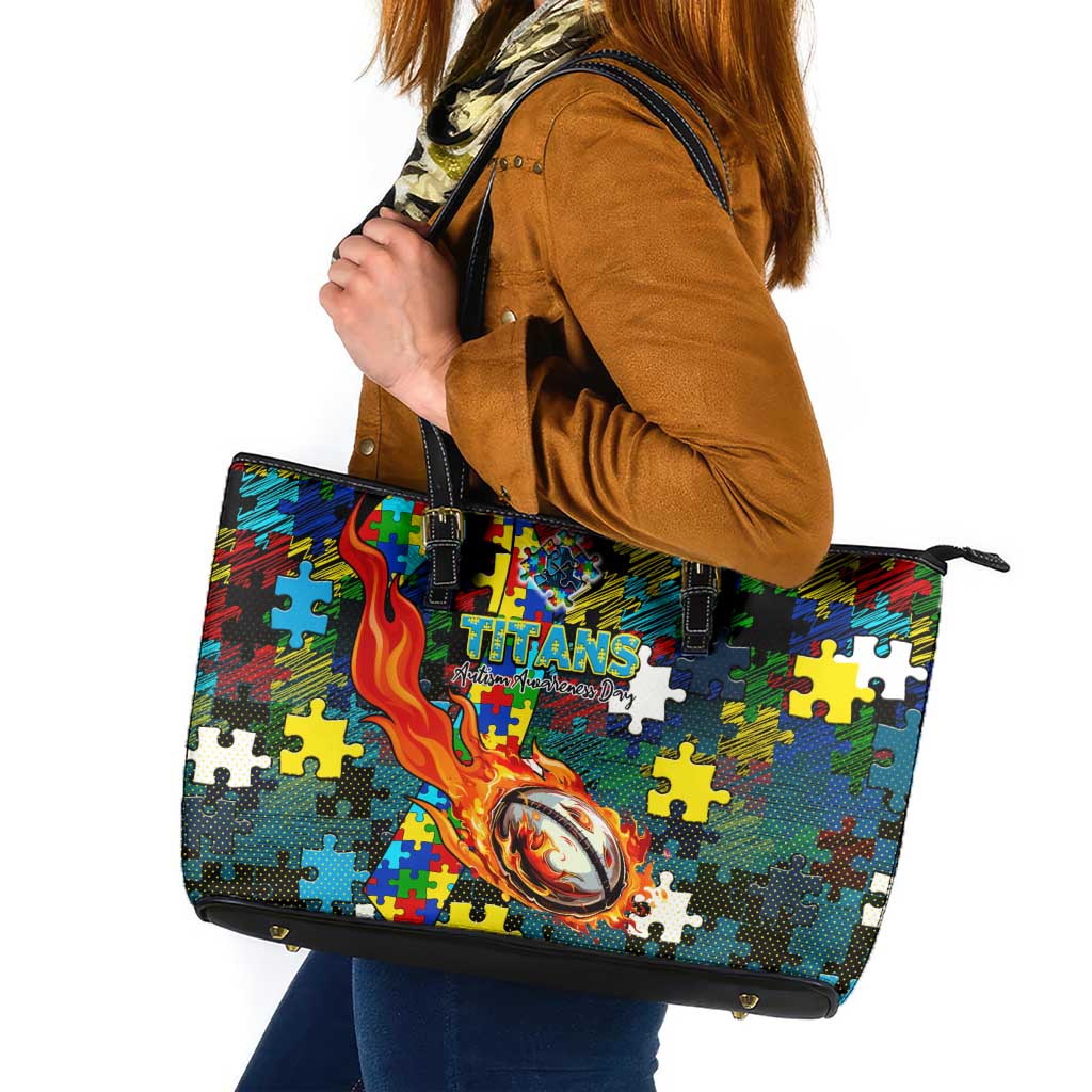 Titans Autism Awareness Leather Tote Bag Puzzle Flames Rugby Ball