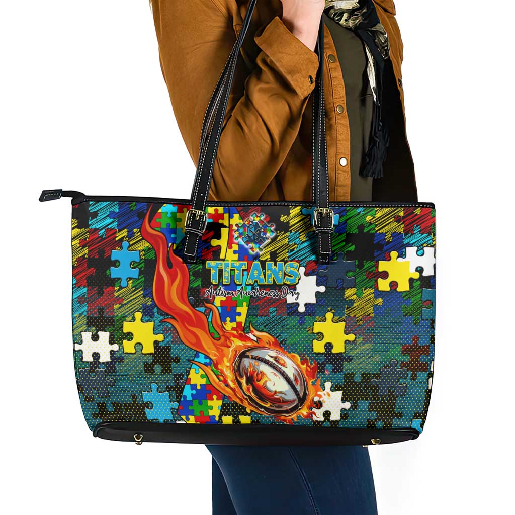 Titans Autism Awareness Leather Tote Bag Puzzle Flames Rugby Ball