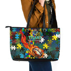 Titans Autism Awareness Leather Tote Bag Puzzle Flames Rugby Ball
