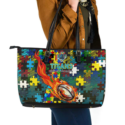 Titans Autism Awareness Leather Tote Bag Puzzle Flames Rugby Ball