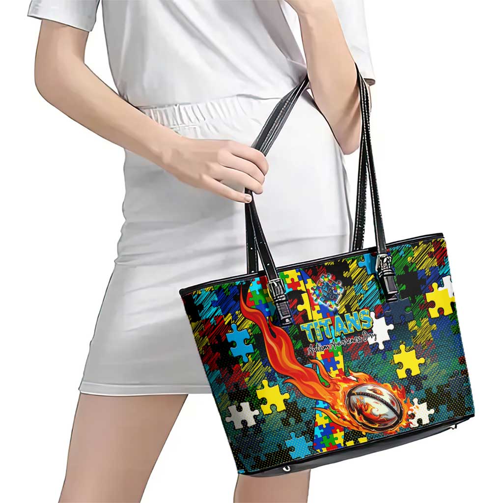 Titans Autism Awareness Leather Tote Bag Puzzle Flames Rugby Ball