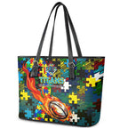 Titans Autism Awareness Leather Tote Bag Puzzle Flames Rugby Ball