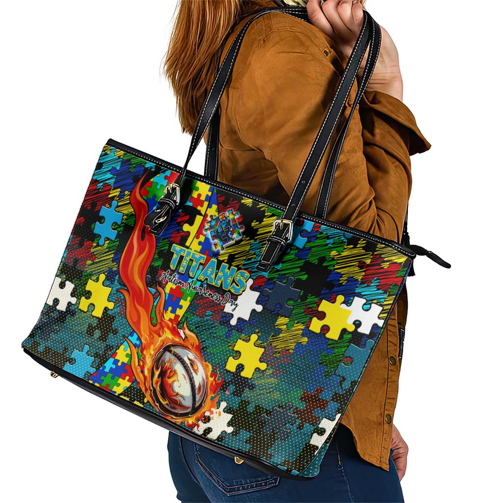 Titans Autism Awareness Leather Tote Bag Puzzle Flames Rugby Ball