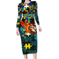 Titans Autism Awareness Long Sleeve Bodycon Dress Puzzle Flames Rugby Ball