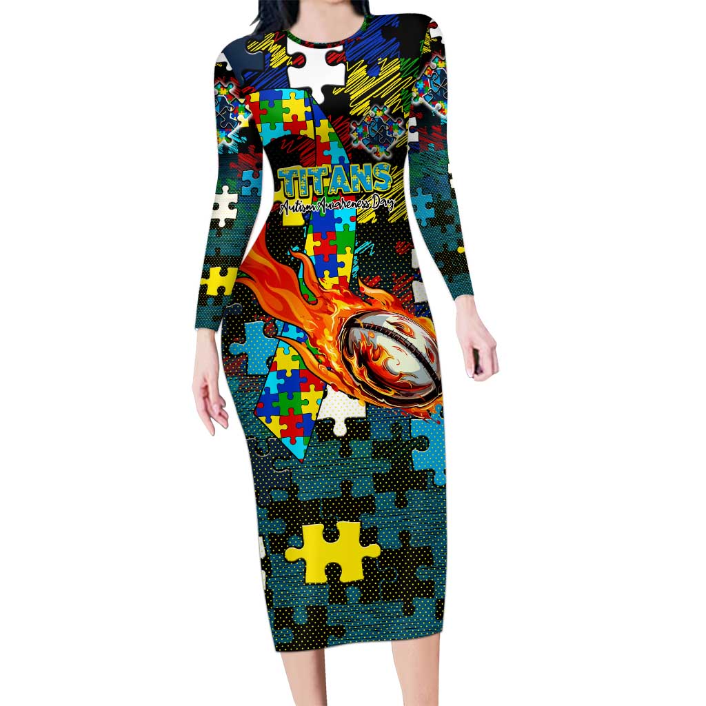 Titans Autism Awareness Long Sleeve Bodycon Dress Puzzle Flames Rugby Ball