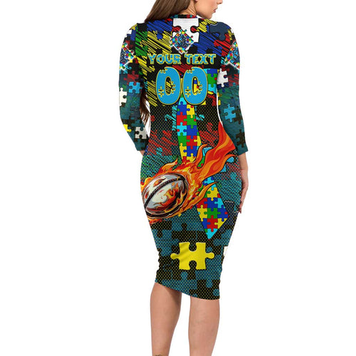 Titans Autism Awareness Long Sleeve Bodycon Dress Puzzle Flames Rugby Ball