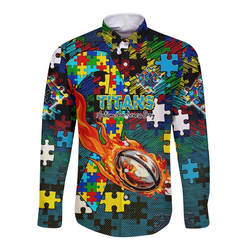 Titans Autism Awareness Long Sleeve Button Shirt Puzzle Flames Rugby Ball