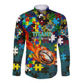 Titans Autism Awareness Long Sleeve Button Shirt Puzzle Flames Rugby Ball