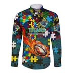 Titans Autism Awareness Long Sleeve Button Shirt Puzzle Flames Rugby Ball